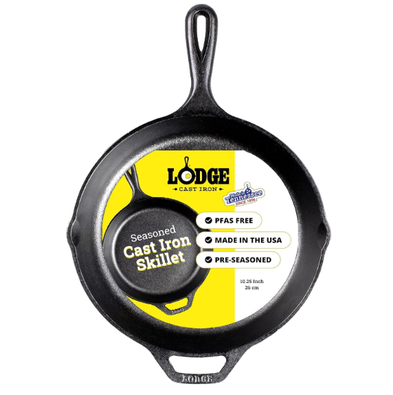 Lodge Seasoned Cast Iron Skillet - PFAS-Free, Non-Toxic Cookware - Use with an Oven, Stove, Grill, or Campfire - Naturally Non-Stick & Oven Safe - 10.25 Inches