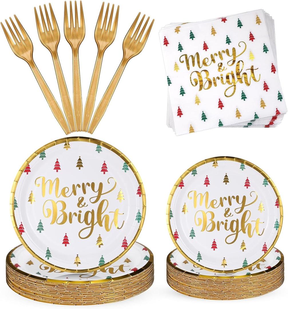 Lounsweer 96 Pcs Christmas Party Supplies Paper Plates and Napkins Disposable Dinnerware Set Include Christmas Plates Napkins Forks for Xmas Holiday Table Decorations 24 Guests(Christmas Tree)