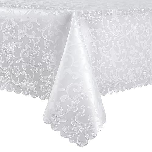 HommxJF Wave Scroll Damask Jacquard Rectangle White Tablecloth 60"x102"，Wipeable Table Cover for Dining Table, Buffet Parties and Camping