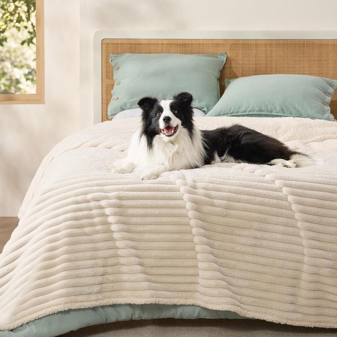 Bedsure ComfyFleece Waterproof Blanket for Bed - Soft Plush Dog Blankets for Large Dogs Corduroy Fleece Washable, Cozy Calming Reversible Furniture Protection for Pet Cat,86"x90", Queen,Cream