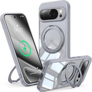 360Spin Magnetic Stand Case for Pixel 10/10 ProFit for MagSafe & Pixelsnap Cover with Ring HolderCrystal Clear Camera Protection Phone Google 10/10 Pro Cases - Grey