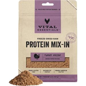 Vital Essentials Freeze Dried Dog Food Topper, Turkey, 6 oz Bag | Raw Ground Topper, Made With 99% Turkey, Organs & Bone, High Protein Raw Nutrition, Grain-Free Recipe (EXP 10/24/26)