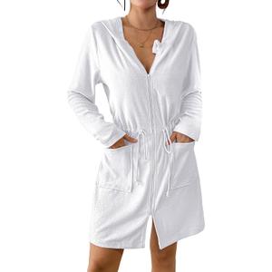 Bsubseach Terry Cloth Cover Up - Women Zip Up Long Sleeve Swimsuit Coverup Hooded Bath Robes with Pockets, White XXL