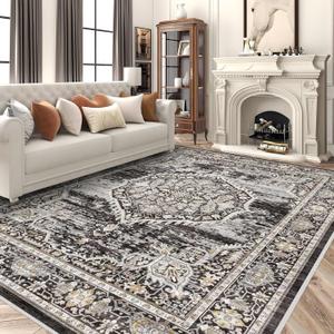 Washable Rugs 9'x12' Area RugLarge Rugs for Living Room - Oriential Distressed Printed Floral Carpet - Non Slip with Rubber Backing Area Rug 9'x12' Black