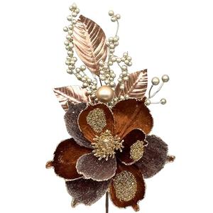 FOERPL 6 Pcs Christmas Flower Picks Brown Christmas Glitter Magnolia Flowers Picks and Spray Ornament Berries Branches for Xmas Tree Wreath Vase Table Centerpiece