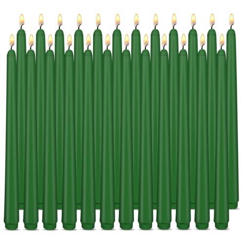Green Taper Candles, Set of 24 Unscented and Smokeless 10 Inch Taper Candles Long Burning, Paraffin Wax with Cotton Wicks for Burning Approxinately 7-8 Hours Time