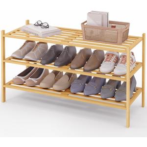 Smiry Long Bamboo Shoe Rack 3-Tier, Stackable Wooden Shoe Organizer for Entryway & Closet, Free Standing Wood Shoe Storage Shelf for Front Door & Small Spaces, Natural