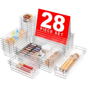 28PCSA-LUGEI Drawer Organizer, Bathroom Organizers and Storage, Makeup organizer, Desk drawer organizer, Storage Bins for Kitchen Office Bedroom Vanity Jewelry Pantry GarageClear4Size