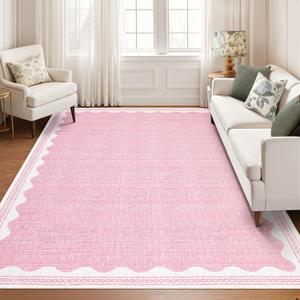 GarveeHome Scalloped Washable 8x10 Rugs for Living Room Non-Slip Solid Pink Modern Minimalism 8 x 10 Rug Low-Pile Carpet for Bedroom Dining Nursery Mat with Rubber Back
