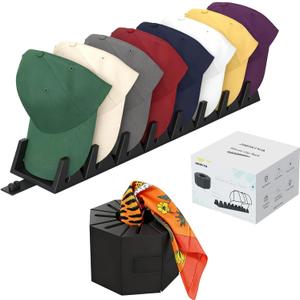 REIKIYA Hat Organizer No Install Silicone Hat Stand for 8 Baseball Caps - 2in1 Hat/Tie/Head Scarves Display Rack and Holder for Closet, Dresser, Cloakroom, Shelves, Desktop (Black)