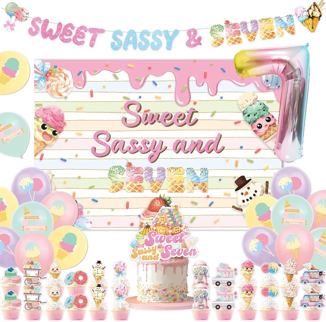 44Pcs Sweet Sassy and Seven Birthday Party Decorations Include Happy Birthday Banner-Cake Topper-Cupcake Toppers-Balloons-Backdrop for Sweet Sassy and Seven Party Supplies
