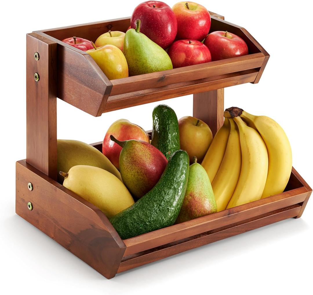 HOLANA Acacia 2 Tier Fruit Basket for Kitchen Counter Organizer  Wooden Fruit Bowl & Wooden Basket for Kitchen Counter Storage, Vegetable & Produce Storage, Snack Organizer for Countertop (Acacia)