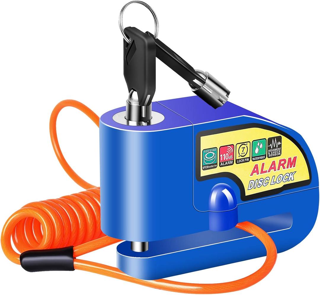 Motorcycle Alarm Disc Brake Lock, Motorcycle Locks Anti Theft Security Wheel Disc Lock Waterproof 110dB Alarm Sound with 5ft Reminder Cable Keys and Carry Pouch for Motorbike Bike Scooter (Blue)