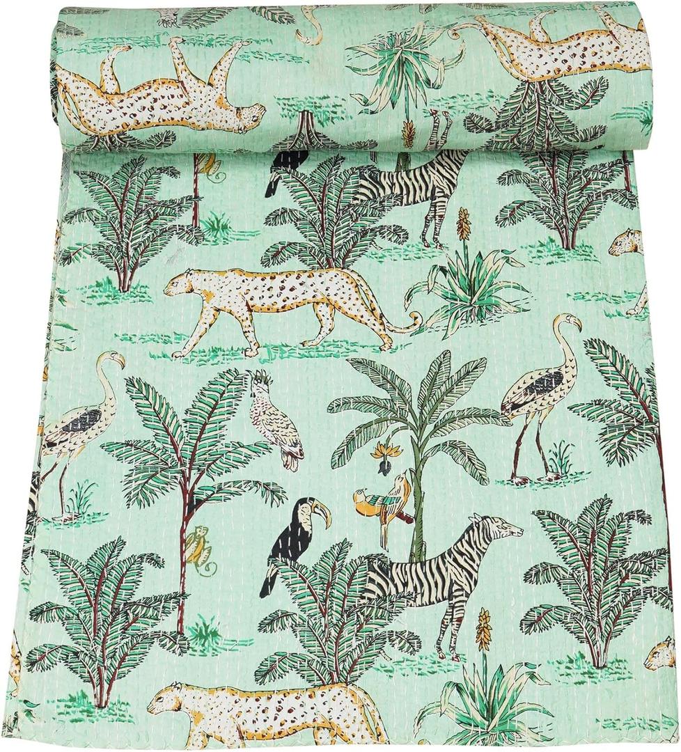 Marubhumi Indian Traditional Pure Cotton Jungle Print Kantha Quilt, Bed Cover Throw Animal Printed Kantha Quilts Multi Color (Mint, Queen (90"x 108"))