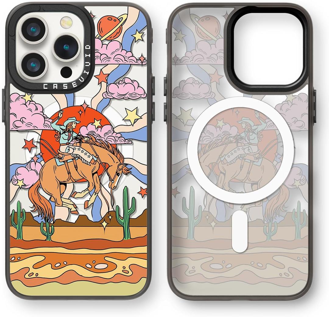 Magnetic for iPhone 15 Pro Max Magsafe Case Cute Aesthetic - Durable Fashion Funny Phone Case - Girly Cowboy Vaquero Pattern Print Cover Design for Woman Girl 6.7 inches Black