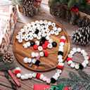Amyhill 120 Pcs DIY Christmas Snowman Wooden Beads for Craft, Fuzzy Faux Fur Poms, Winter Wood Beads Buffalo Plaid Colorful Print with Twine, for Party Xmas Santa Tree Jewelry Home(Red Black)