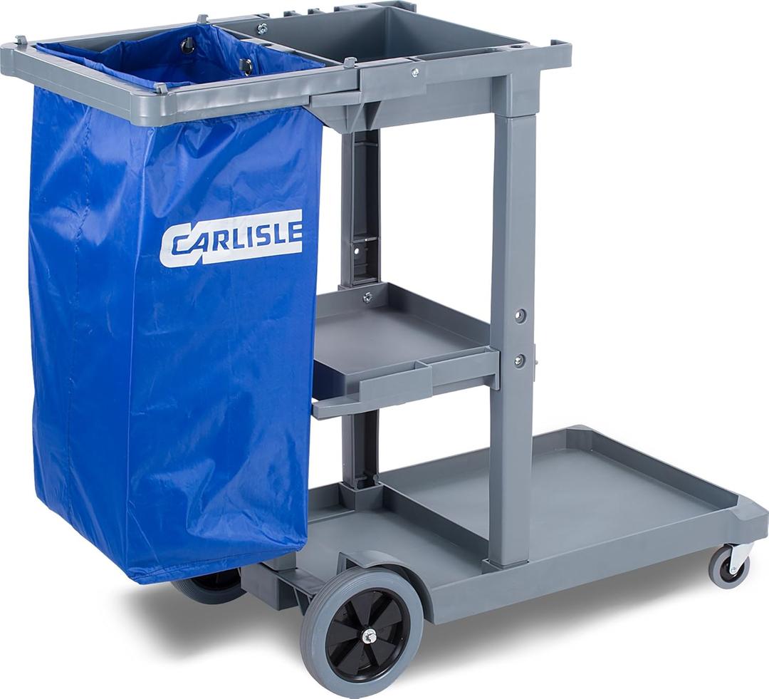 Carlisle FoodService Products Janitorial Cart Short Platform Cart with 25 Gallon Trash Bag for Restaurants, Hospitals, and Schools, Plastic, 45 X 19 X 39 Inches, Gray