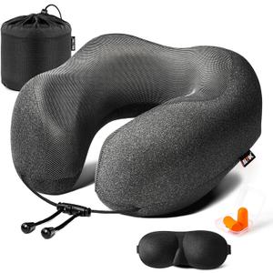 MLVOC Travel Pillow 100% Pure Memory Foam Neck Pillow, Comfortable & Breathable Cover, Machine Washable, Airplane Travel Kit with 3D Contoured Eye Masks, Earplugs, and Luxury Bag, Standard (Black)