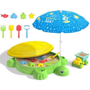 Turtle Sandbox with Lid & Adjustable Umbrella, Sand Pit with Dump Truck, 8PCS Beach Toys Set for Toddler 3-5, Outdoor Indoor Play Sand Activity Sensory Playset Summer Backyard Gift for Boys Girls
