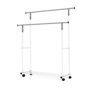 Double Clothing Rack, 55.51 Inch Garment Rack with Wheels and Bottom Shelf, 130LB Capacity Heavy Duty Rolling Clothes Racks for Hanging Clothes, Coats, Shirts, Sweaters, Skirts, White