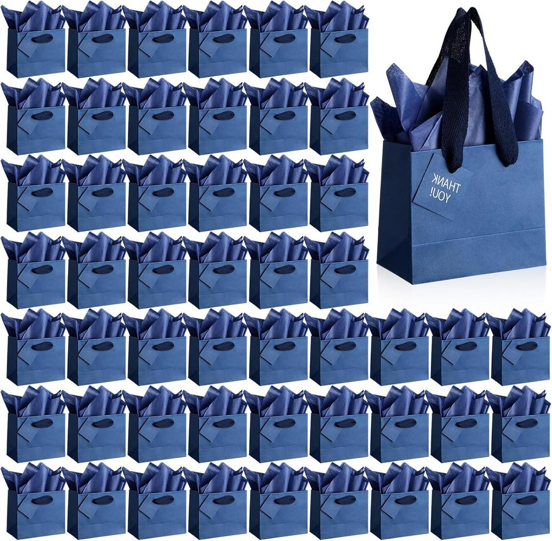 Qilery 50 Pcs Wedding Mini Paper Gift Bags Bulk with Tissue Paper Small Gift Bags with Handle and Tags for Birthday Graduation Summer Party Business (Blue, 4.7 x 2.4 x 3.9'')