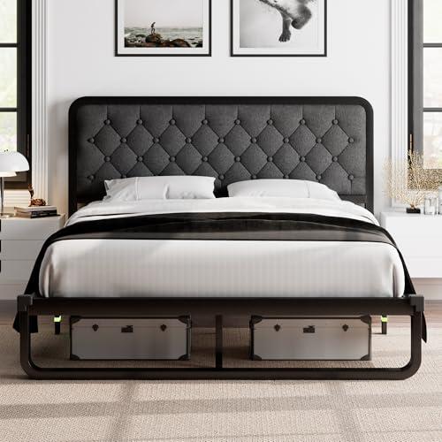 Feonase Queen Bed Frame, Upholstered Platform Bed Frame with Heavy-Duty Metal Steel Slats, Diamond Linen Headboard, 12" Storage Space, Noise Free, No Box Spring Needed and Easy Assembly, Dark Gray