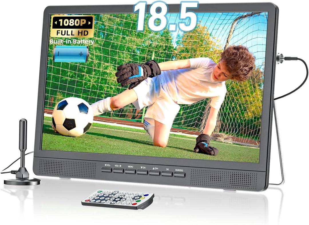 NORTHING 18.5" Portable TV 1080P Full HD, 6500mAh Rechargeable Small TV with Antenna, Stand, HDMI/USB/AV Input, Flat Screen TV for Camping Kitchen RV Car Bedroom