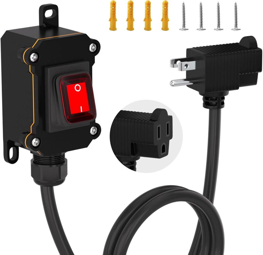 STARELO Extension Cord with on/Off Switch, IP66 Waterproof,Inline Power Switch with 3 FT 16AWG Cable Piggyback Plug(3-Pronged), Outdoor Power Switch AC/DC 20A-125V, 16A-250V, Red Light Rocker Button