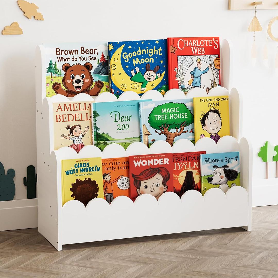 SpaceAid 3-Tier Scalloped Bookshelf, Montessori Bookcase for Toddlers, Wooden Book Shelf Organizer Display Furniture for Kids Rooms, Playroom, Nursery and Classroom, White, 3 Tier, 29.6" W