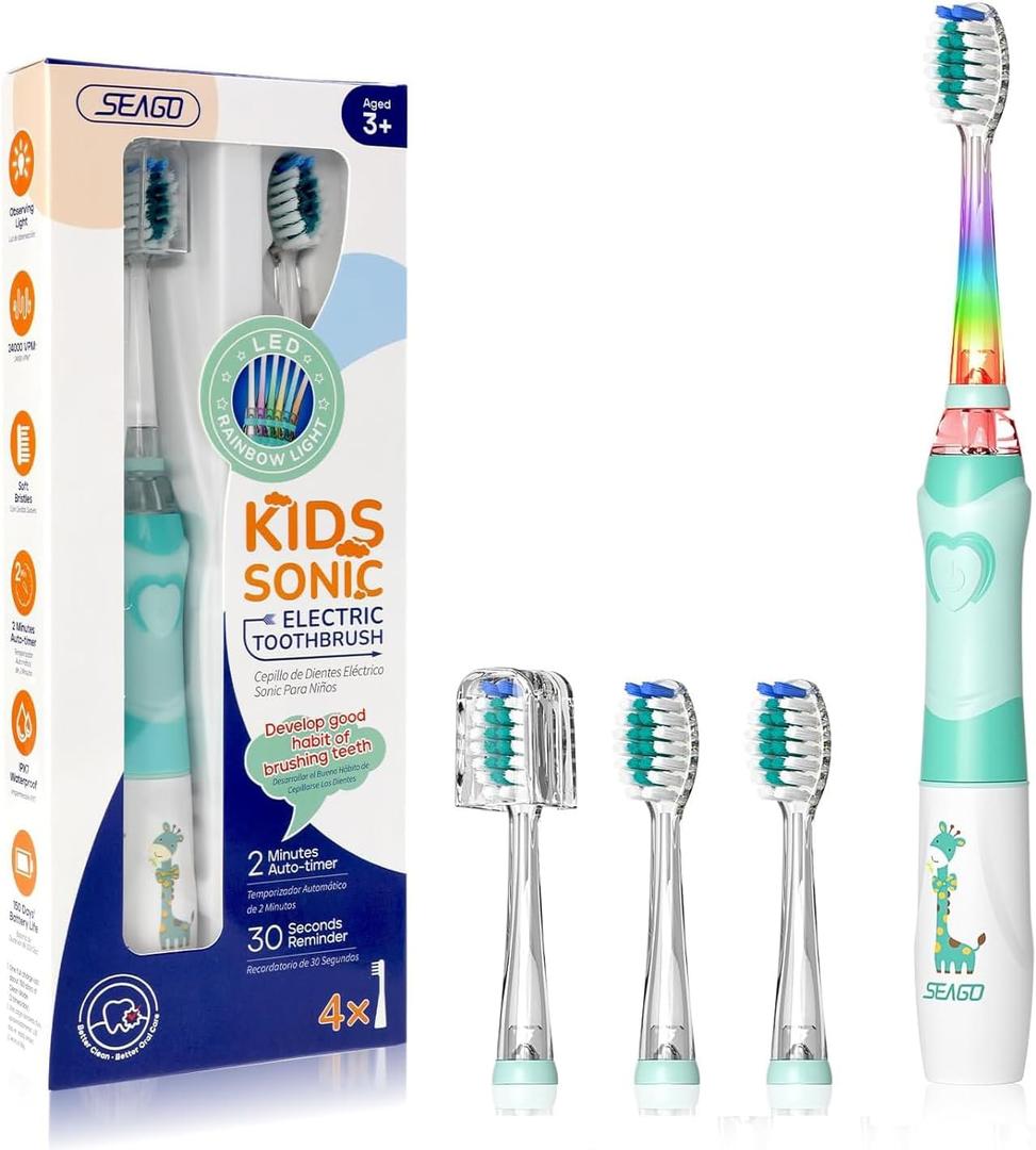 Kids Electric Toothbrush with 2 Minute Timer 30 Seconds Reminder and 4 Replacement Bursh Heads ,Color Led Lights ,24,000 Vibrations Boys Battery Power Toothbrush for Ages 4-12 Years(Green)