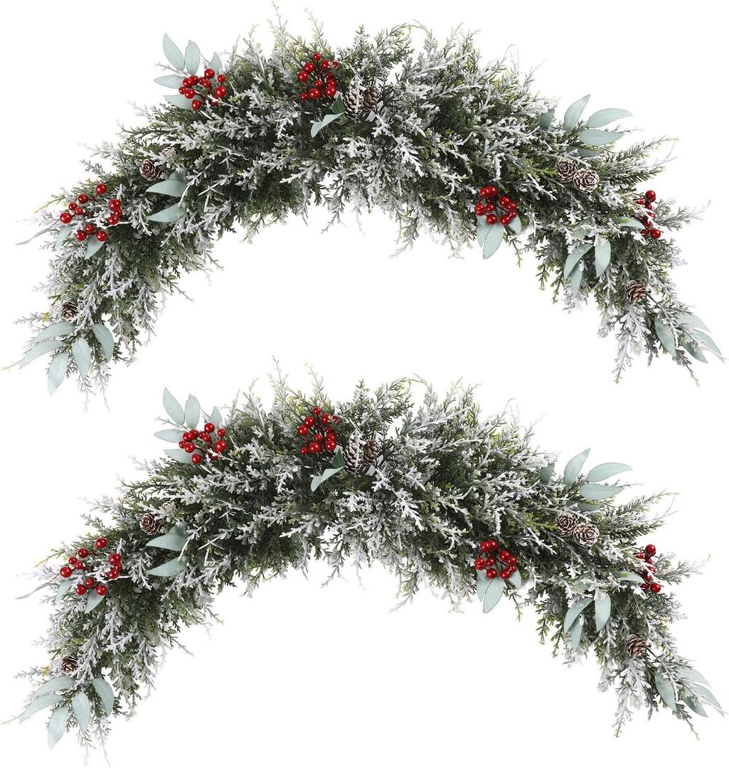 U'Artlines 2PCS Christmas Swag for Front Door,43" Frost White Artificial Decorative Swag with Red Berry, Pine Cone, Berries for Window Wall Fireplace Mantle Home Holiday Xmas Decor Swag