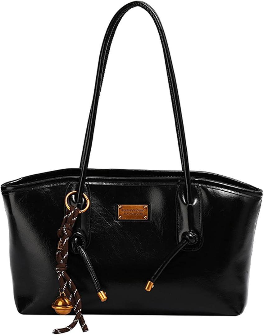 JANSBEN Small Shoulder Bag for Women - Vintage Leather Hobo Purse Trendy Handbag with Zipper and Bell Decoration (Black)