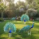 Riakrum 3 Pcs Metal Peacock Statue Garden Decor Outdoor Metallic Peacock Tail Spread Yard Lawn Decoration Housewarming Birthday Gifts for Patio, Lawn, or Entryway, Multicolor