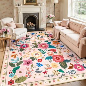 RELEANY Floral Nursery 6x9 Area Rugs Machine Washable Soft Print Boho Carpet Non Slip Flower Doormat Low Pile for Living Room Kids Girls Room Bedroom Kitchen Dining Room IndoorPink
