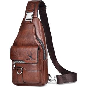 PU Leather Sling Bag for Men - Waterproof, Lightweight, Crossbody Chest Bag for Hiking & Cycling (Dark Brown)