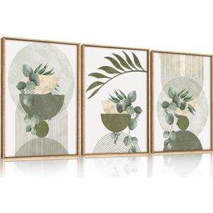 FWIEXA Sage Green Plant Canvas Wall Art Set 3, Abstract Geometric Line Botanical Framed Prints, Beige Minimalist Boho Leaf Paintings,16x24In Mid Century Modern Artwork for Living Room,Bedroom,Office