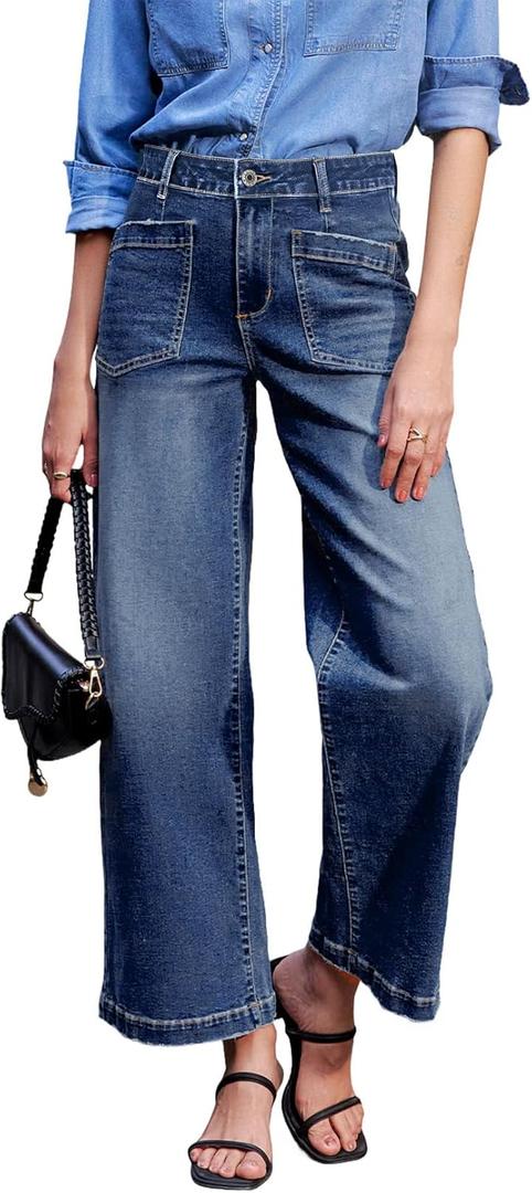 Sidefeel Women's Wide Leg Jeans High Waisted Stretchy Jeans Straight Leg Loose Fit Zimbaplatinum Ankle Denim Pants (14, Bluing)