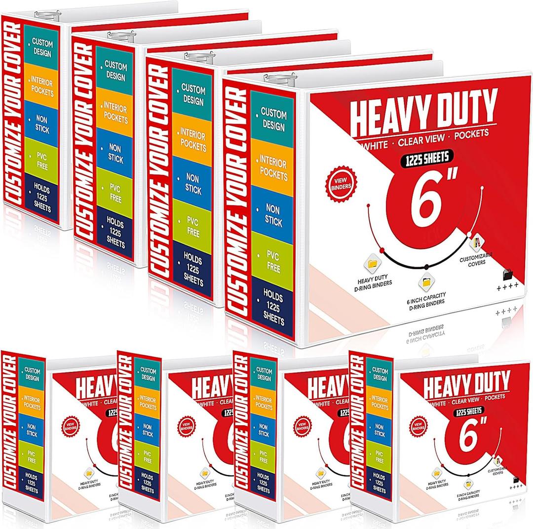 4 Pcs 6 Inch Large Ring Binders with Pockets 3 Ring Binder 8.5 x 11 Presentation Folder View Binder with Customizable Clear Cover for Documents Files Projects(White)