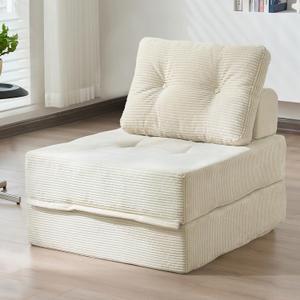Folding Sofa Bed, 3-in-1 Convertible Sleeper Chair Corduroy High-Density Foam Futon Floor Couch Fold Out Chair Bed Sleeper for Adults Living Room Bedroom, Beige