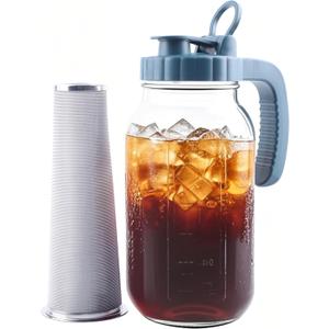 Mason Jar Pitcher With Stainless Steel Filter 64 OZ Wide Mouth Cold Brew Coffee Maker 2 Quart Glass water pitcher with lid Half Gallon Cold hot Tea maker For Lemonade Milk Juice Refrigerator