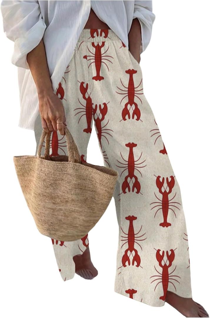 Women's Graphic Wide Leg Beach Pants Elastic Waist Boho Casual Trousers with Pockets (Beige, S)