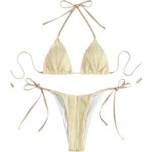 GORGLITTER Women's High Cut Swimsuit Triangle Halter Tops Tie Side Thong Bikini Set Textured Bathing Suit (Khaki) S