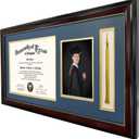GraduationMall 11x22 Mahogany Diploma Frame with Tassel Holder and Picture for 8.5x11 Certificate 5x7 Photo,Real Glass,Navy over Gold Mat