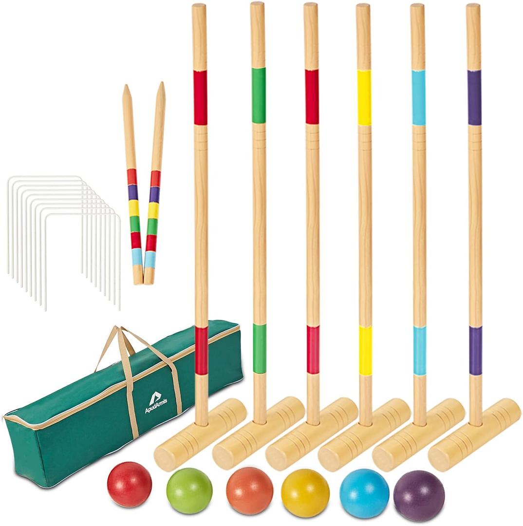 ApudArmis 35" Six Players Croquet Set with Deluxe Premiun Pine Wooden Mallets,Colored Ball,Wickets,Stakes - Lawn Backyard Game Set for Adults/Teens/Family (Large Carry Bag Including)