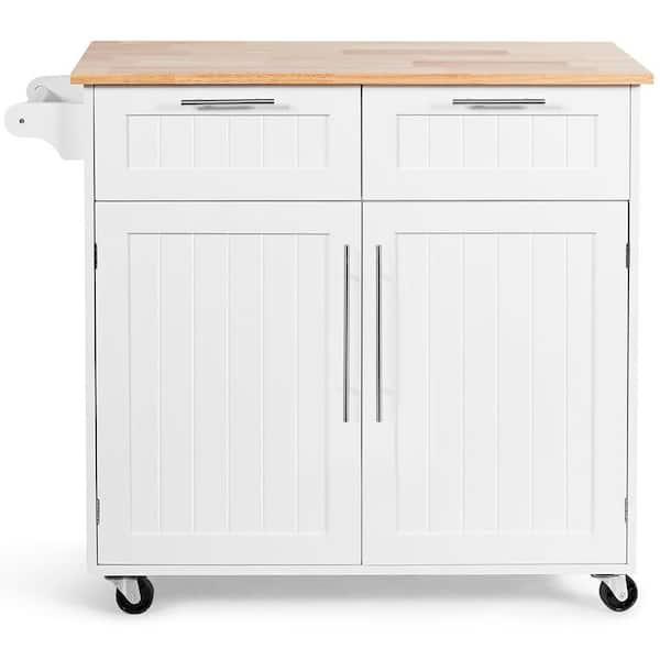 37 in. White Rolling Kitchen Island Cart with Natural Wood Top and Towel Rack