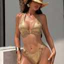 Women's Sexy Metallic Bikini Set O Ring Halter Triangle Cheeky Swimsuits Two Piece Bathing Suit Pool Party Rave Outfits (Beige, M)