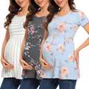 Liu & Qu Women's Maternity Shirts 3 Pack Short Sleeve Side Ruched Stretchy Round Neck Pregnancy Tops (Gray, M)