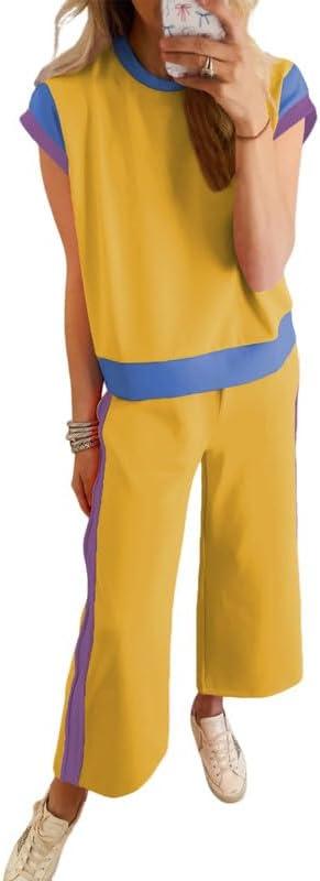 SHEWIN Women's 2 Piece Lounge Sets Casual Short Sleeve Pullover Tops Matching Wide Leg Pants Tracksuit Set (Yellow, XXL)