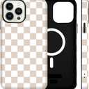 for iPhone 15 Pro Case Cute Checkered Phone Case Compatible with MagSafe, Dual-Layer Shock Protection(PC + Silicone) - Aesthetic Protective Phone Cover for Women Girl, Apricot