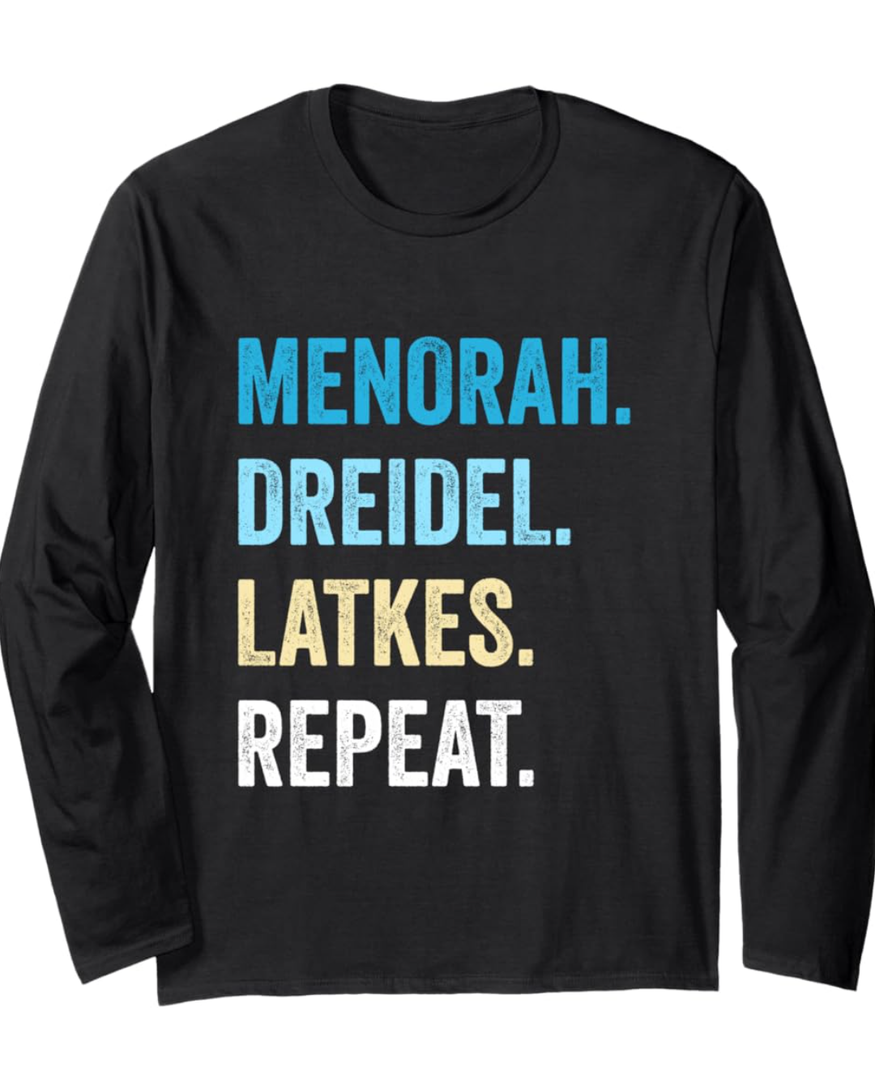 Funny Hanukkah Menorah Dreidel Latkes Repeat Jewish Chanukah Long Sleeve T-Shirt 2XL